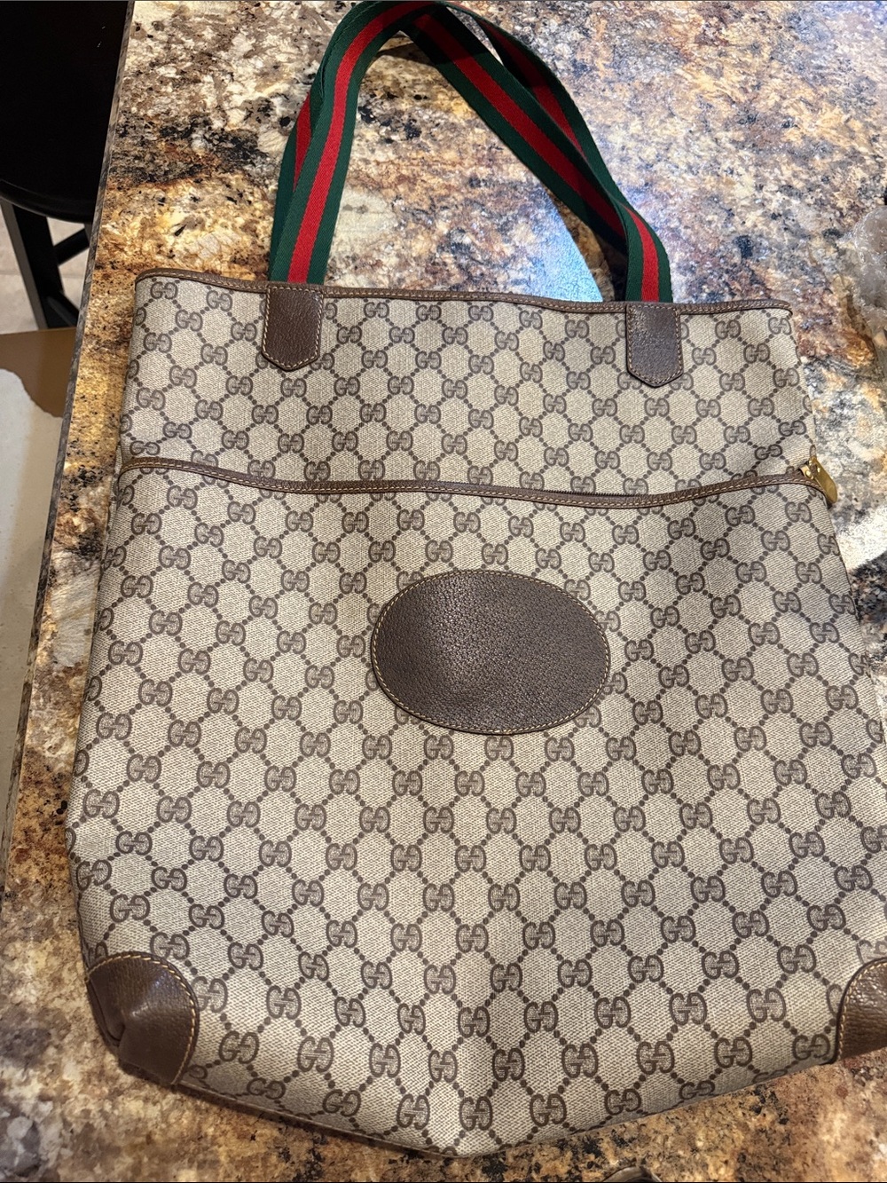 Lightly Used Vintage Gucci Beige GG Canvas Tote with Green & Red Web Strap